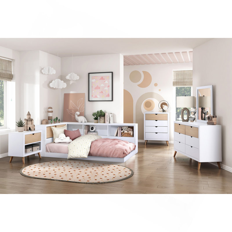 Mobilier de chambre à coucher pour lit simple avec tête de lit à finition blanche, Lit simple