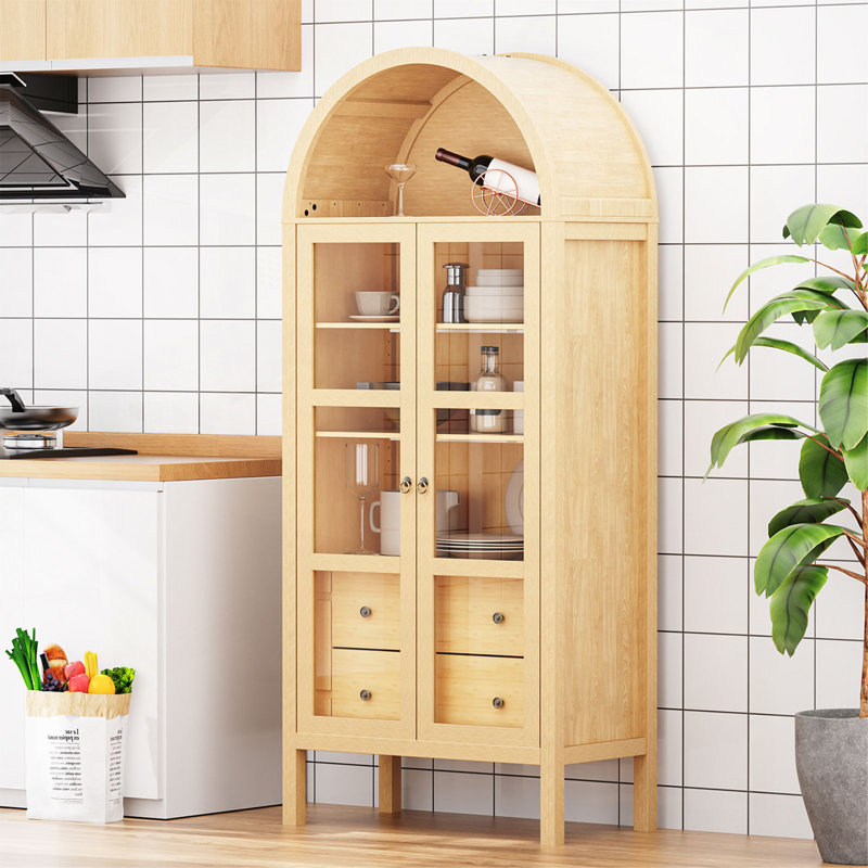 Arched Cabinet with Glass Doors,Height Adjustable Shelf and 2 Drawers, Oak