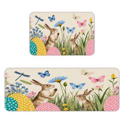 Easter Bunny Floral, 2 Pcs Non Slip Kitchen Mats