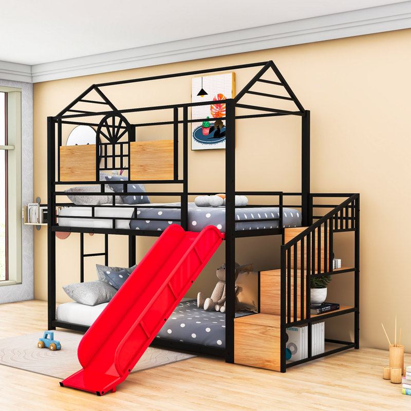Lit superposé simple au-dessus de simple avec glissière et tablettes Padmukh, Noir / rouge