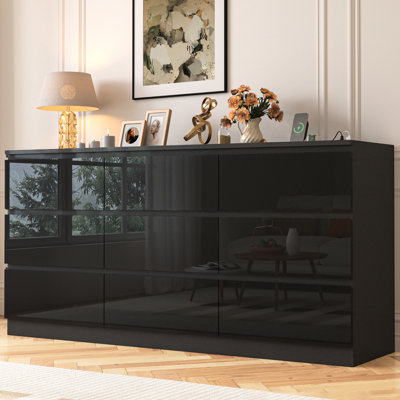 Commode 9 tiroirs de 70 po avec prise de courant et surface ultrabrillante, large commode de rangement moderne pour le salon de la chambre à coucher, le vestibule, le couloir