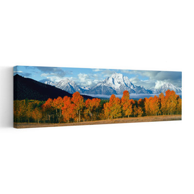 Trees in a forest with snowcapped mountain range in the background Teton Range Oxbow Bend Grand Teton National Park Wyoming USA 1 Piece Wrapped Canvas Panoramic Wall Art