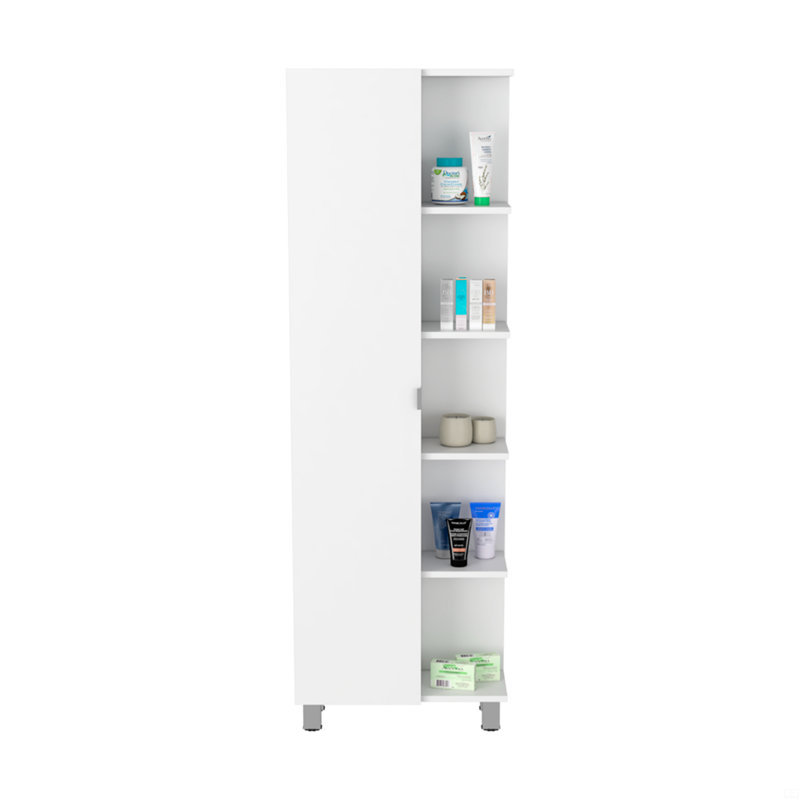 Armoire en lin à porte simple H 62 po, cinq tablettes extérieures, quatre tablettes intérieures, Blanc