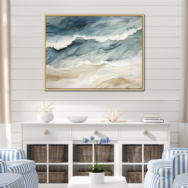 Vue aérienne de sable moderne bleu et beige III - plage de sable de bord de mer, art mural, 30" H x 40" W