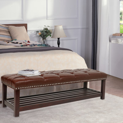 Fin de la chambre à coucher du banc de lit, 60 po de largeur, brun foncé, rembourré en cuir avec tabouret d'entrée, brun pour le salon