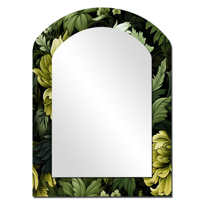 «Senga Tropical Green Jungle Damask» - grand miroir mural asymétrique tropical, miroir décoratif de forme libre vert, impression d'art en métal