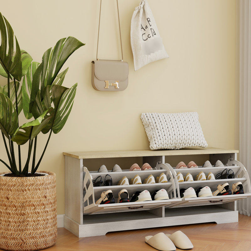 Banc de rangement à chaussures blanc antique avec tablette réglable et tiroirs rabattables pour l'entrée, peu encombrant et confortable