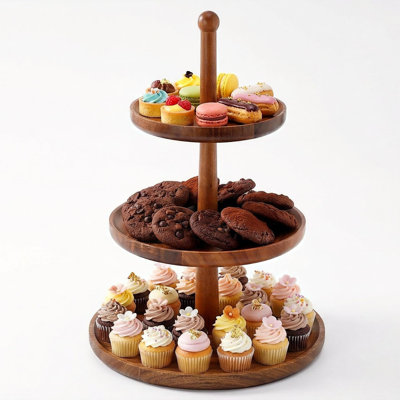 Cupcake Stand Dessert Table Display Set – 2 in 1 Adjustable Height Rustic Natural Acacia Cupcake Holder Round Wood Tray – Three Tiered Serving Stand with Rotating Wheels, Anti Slip Stickers(Brown)