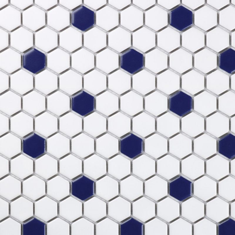 Perfection 1" x 1" Porcelain Mosaic Wall and Floor Tile, White/Cobalt Blue Dot