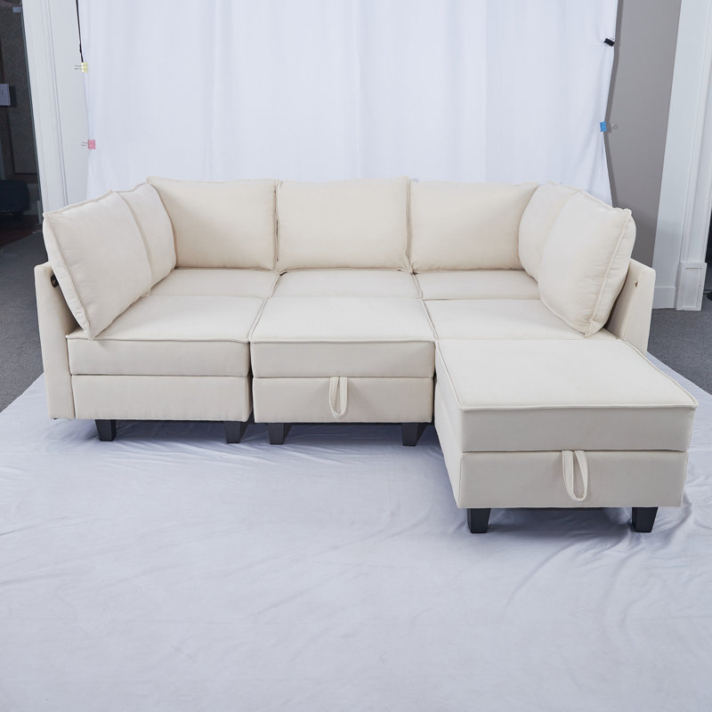 Canapé modulaire 7 places en tissu tissé avec rangement sous le siège, Mélange de polyester beige