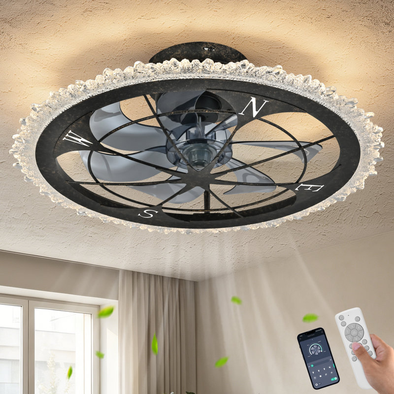 21 Inch Flush Mount Caged Ceiling Fan with Light, Matte Black Compass Metal Frame, Beaded Crystal Trim, Reversible DC Motor, 6 Wind Speeds, Remote & APP Dual Control, Low Profile Farmhouse Ceiling Fan