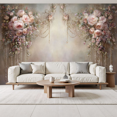 Papier peint adhésif rétro style baroque rétro avec motifs floraux pastel doux d'inspiration victorienne sereine H 69 po x l 96 po, papier peint amovible en PVC, adhésif mural pour chambre à coucher, bureau à domicile