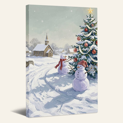 Snowmen And Tree Near Church In Snowy Village Christmas Canvas Wall Art