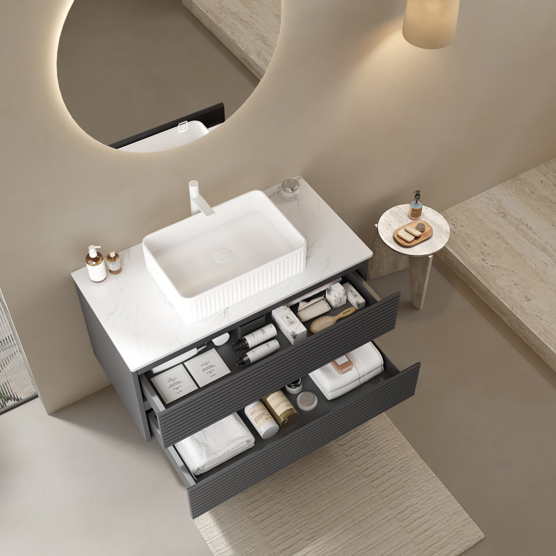 Ensemble de meuble-lavabo mural rayé en contreplaqué gris avec lavabo vasque Eclat