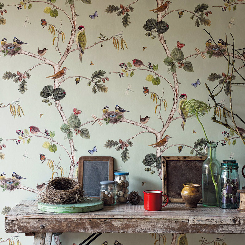 Woodland Chorus Wallpaper, Indigo/Ecru