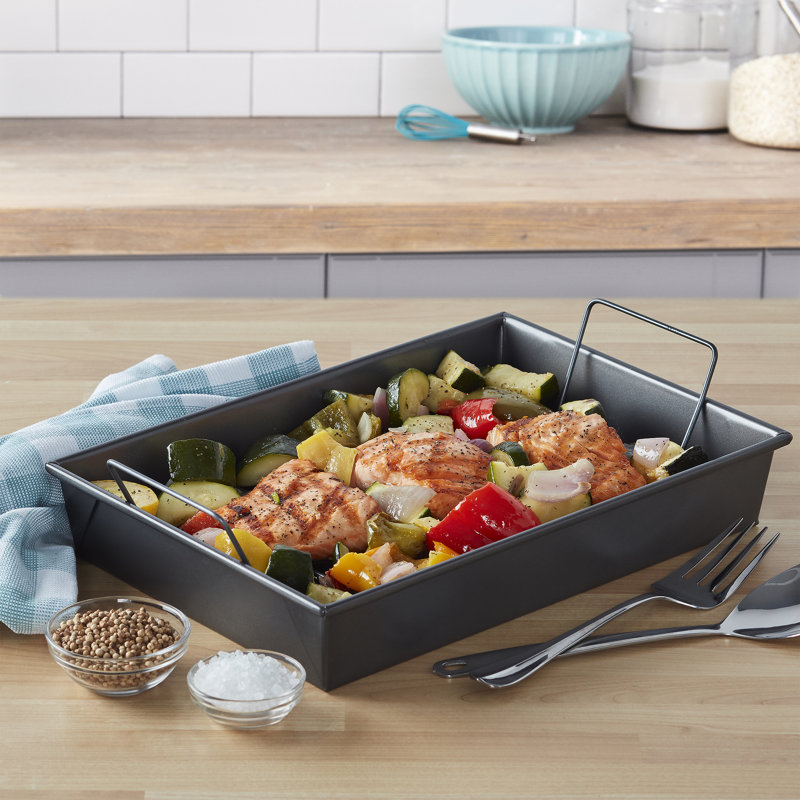 Professional 13-Inch Non-Stick Rectangular Roast Pan with Steel Handles and Rack