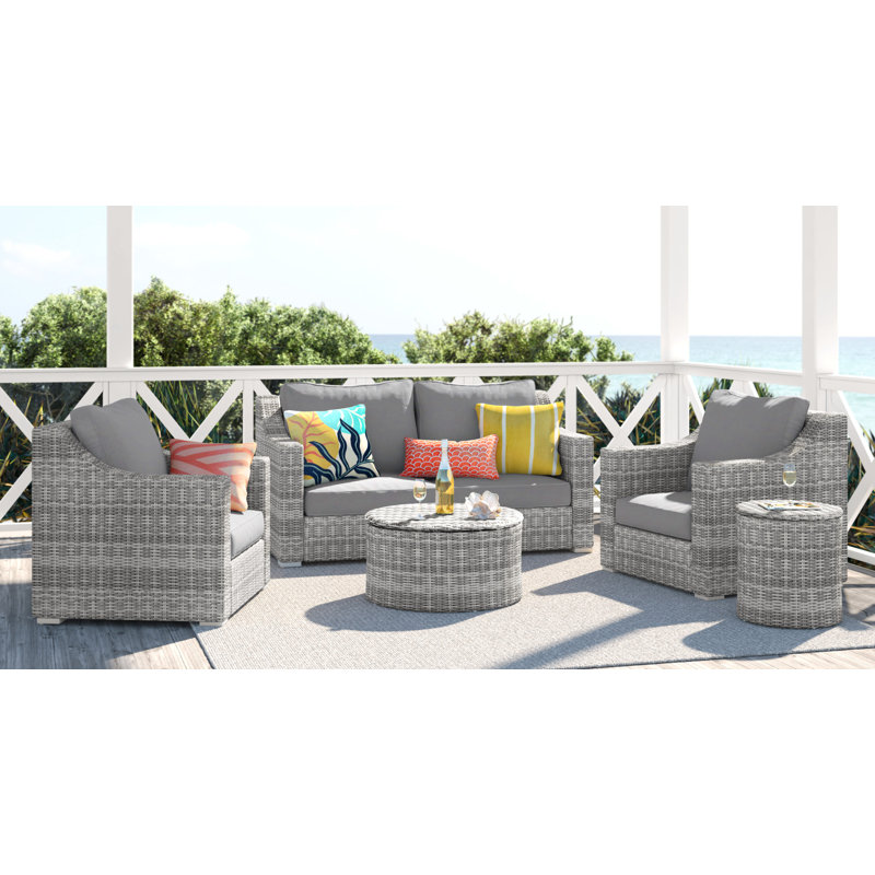 Gray Round Wicker Outdoor Coffee Table with Hidden Storage