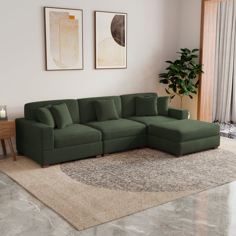 4 - Piece Upholstered Green Corduroy Modular Sectional Sofa with Pillow Back and Removable Ottoman, Green Corduroy