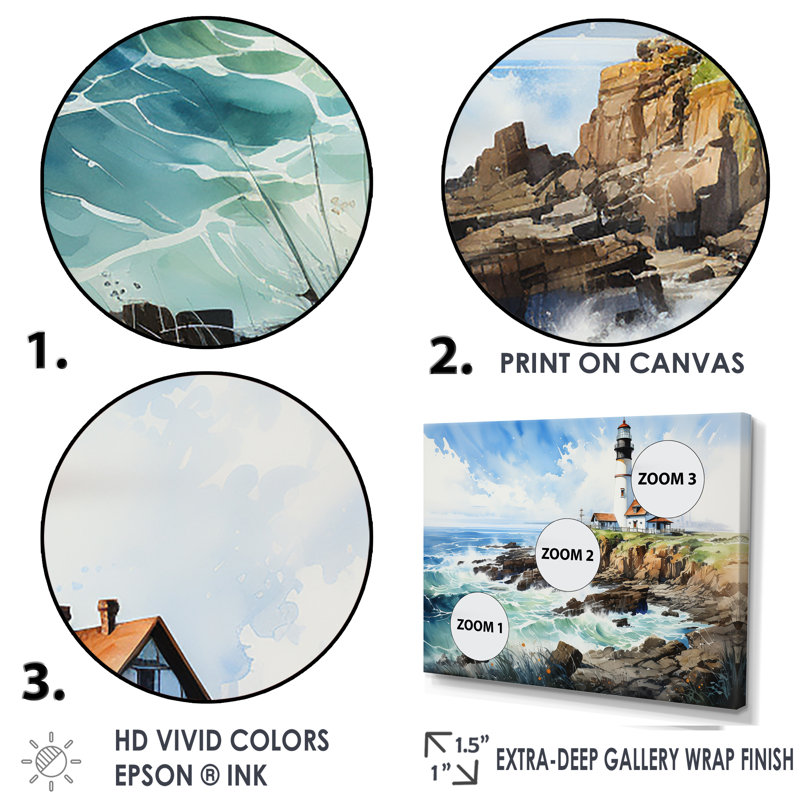 Coastal Light House, paysage sur toile, H 16 po x l 32 po x P 1 po, Cadre doré simple