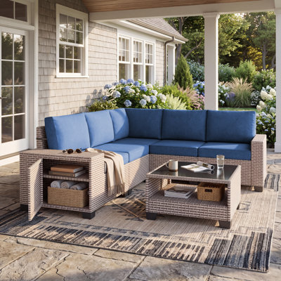 Ensemble de conversation d'extérieur avec rangement, ensemble de mobilier de patio en résine tressée 6 pièces, groupe de sièges modulaire 5 places avec coussins, mobilier d'extérieur et de patio, bleu marine