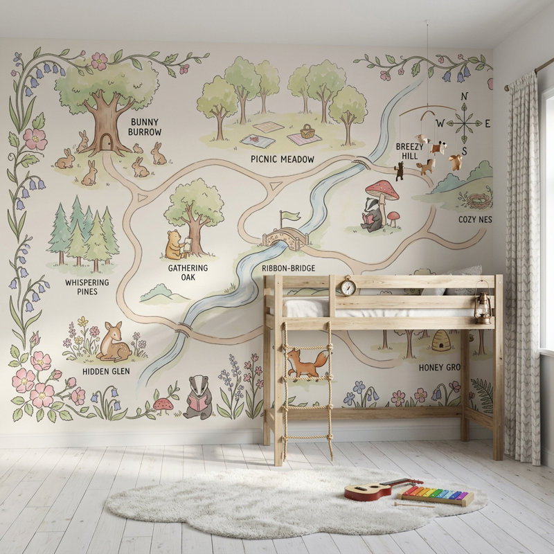 Papier peint fantaisiste Woodland Map, livre de contes, aquarelle pastel, Non tissé, 120 po x 96 po