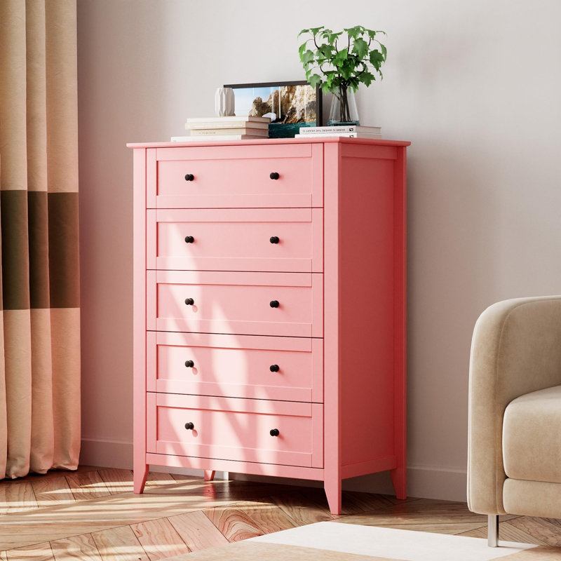Commode 5 tiroirs avec tiroirs profonds et boutons en métal, grande commode en bois moderne pour le rangement de la chambre à coucher, du vestibule et du placard, spacieuse et durable