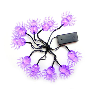 10 Purple Battery Operated LED Spider Halloween Lights - 4.6 ft Black Wire