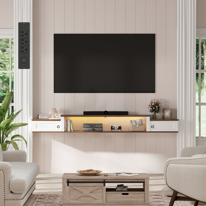 Meuble télé 70 po de style campagne pour téléviseur de 80 po ou moins, meuble télé flottant en bois avec armoire de rangement, tablette murale avec éclairage et station de charge