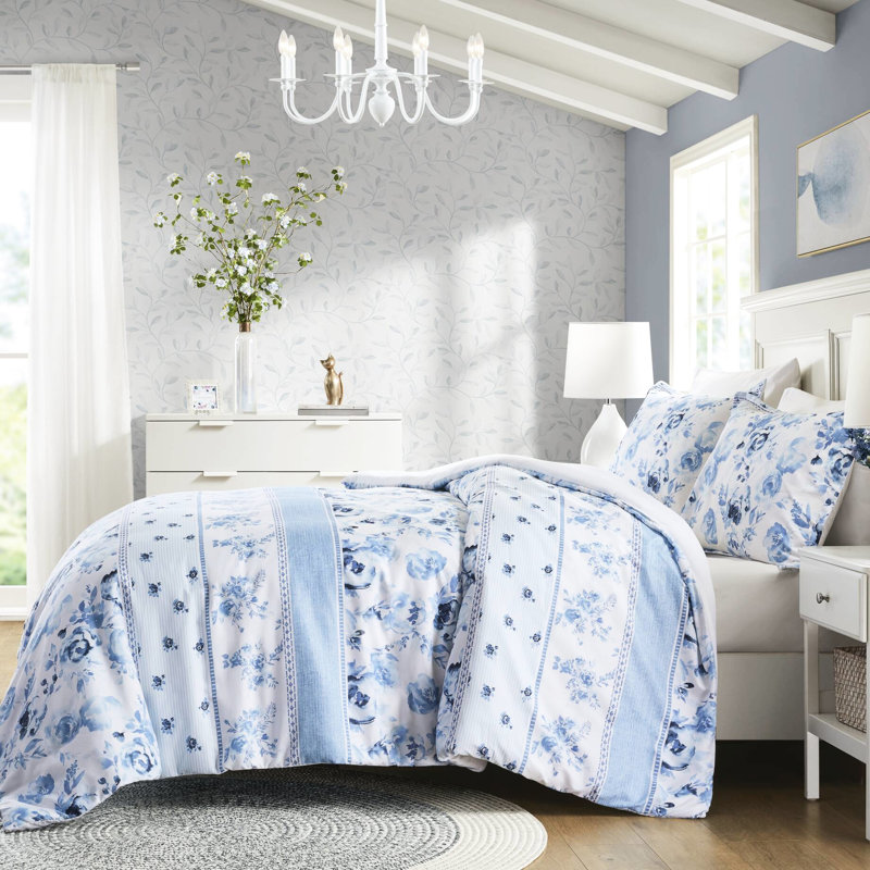 Housse de couette simple / simple TG avec rayures florales rétro, microfibre, lavable à la machine, 2 taies décoratives en microfibre et rayé TG