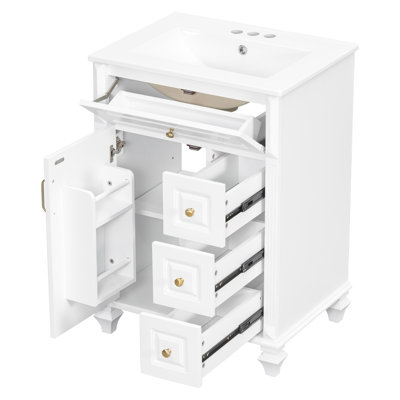Meuble-lavabo autoportant de 61 cm (24 po) avec lavabo en céramique, tiroir rabattable et 3 tiroirs, armoire à étagères réglables avec porte-bagages, en bois d'hévéa massif et MDF.