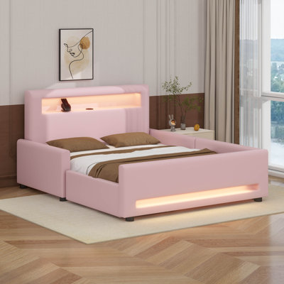 Upholstered Platform Bed With Drawer, LED Light Strip, USB Port