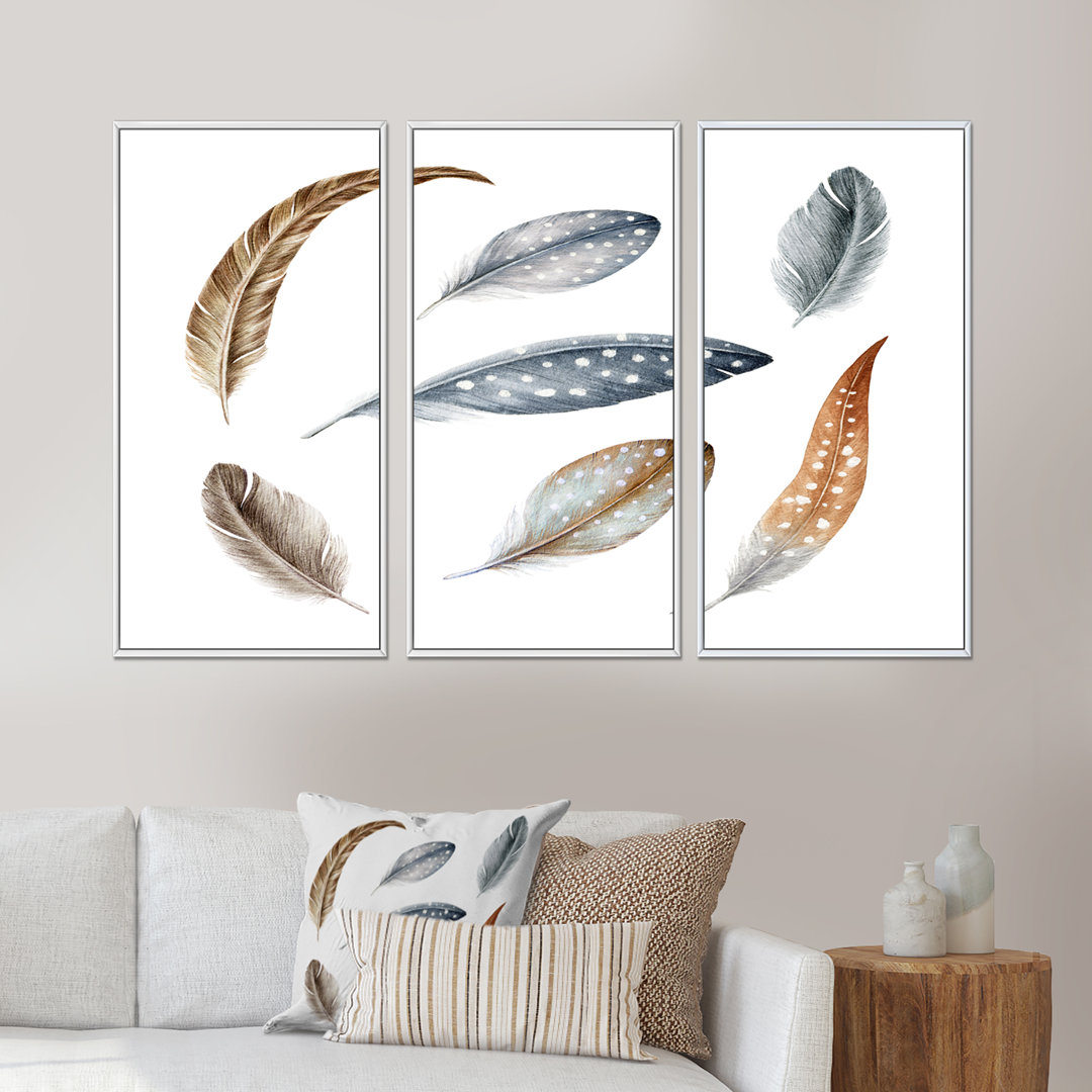 " Gray Boho Polka Dot Feathers II " 3 - Pieces Painting Print Dakota Fields Frame 