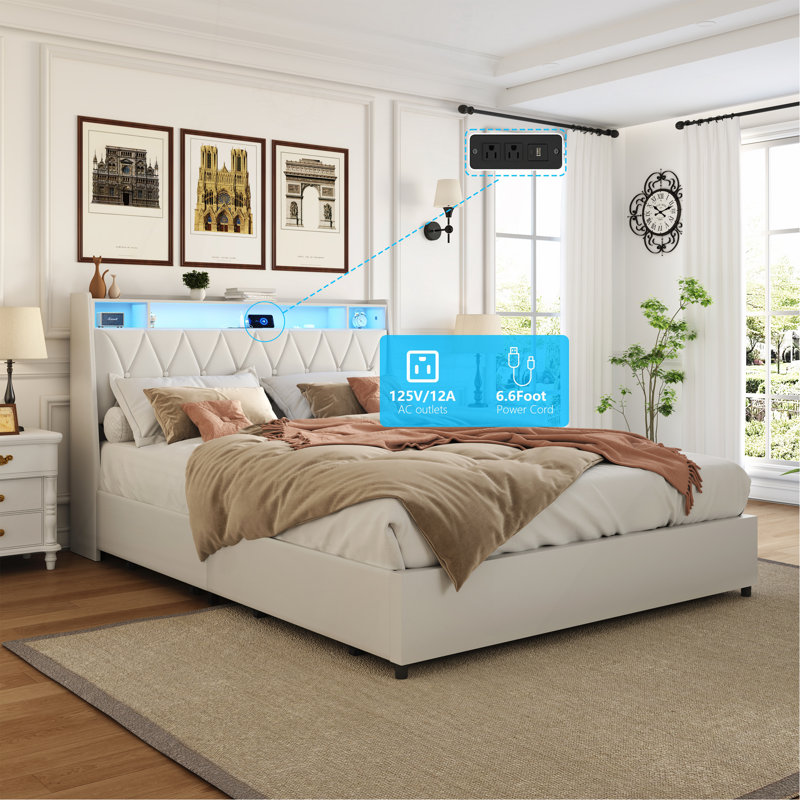 Cadre de grand lit avec tête de lit ergonomique, cadre de lit plateforme grand avec prises de courant et chargeur et lumière DEL, cadre de lit en métal grand avec tablette de rangement, silencieux, pas de sommier tapissier nécessaire
