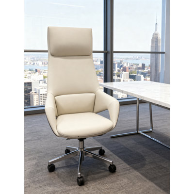 High-Back Ergonomic Executive Office Chair, Premium EPU Leather Desk Chair with Walnut Wood Accent, Swivel Rolling Computer Chair for Home Office, Beige