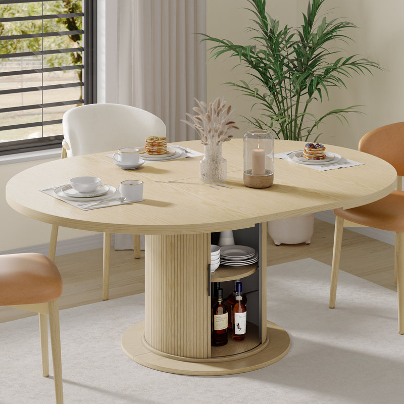 47”-63” Extendable Round Dining Table For 4-8, Oval Kitchen Dining Room Table With Storage, Mid Century Modern Pedestal Dinner Table, Natural Oak