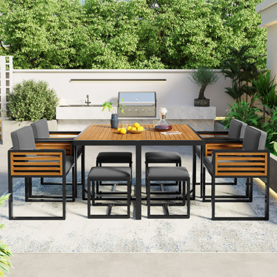 Ensemble de salle à manger 9 pièces pour patio en bois d'acacia, ensemble de patio extérieur peu encombrant, 4 chaises rembourrées, 4 repose-pieds et 1 table carrée pour la cour, le jardin, la terrasse et la piscine
