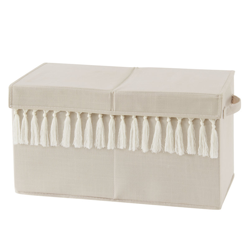 Taupe and Ivory Linen Blend Boho Fringe Toy Storage Bin
