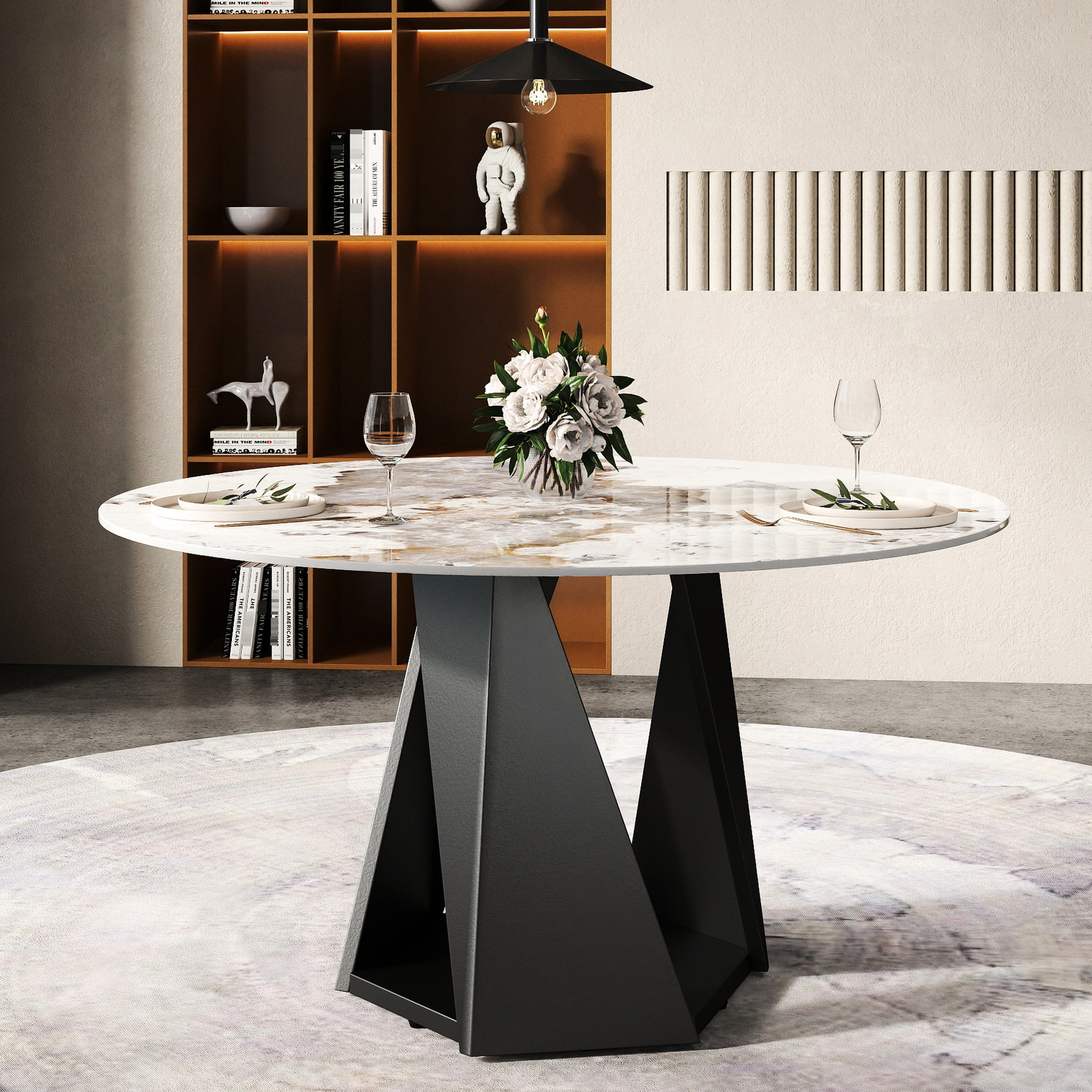 Ivy Bronx 6 53" Round Dining Table, Sintered Stone Top, Metal Base ...