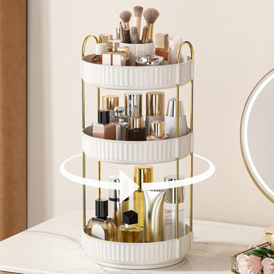 3-Tier 360° Spinning Clear Cosmetic Organizer, Countertop Skincare Perfume Holder with Makeup Brush Slot for Bathroom Vanity & Dresser Surfaces