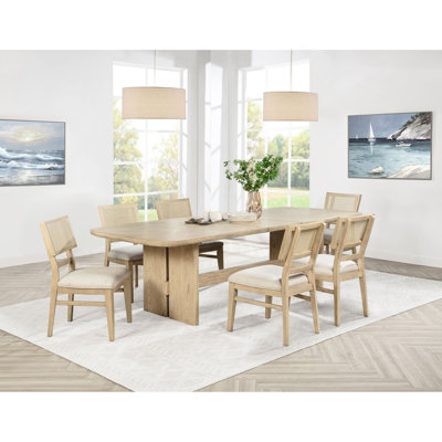 7 chaises de salle à manger rectangulaires en chêne beige avec rallonge amovible, base de table à tréteaux et chaises rembourrées avec dossier en bois massif tissé à la main, pour 6 sièges en bois Coastal Moments, 18 po