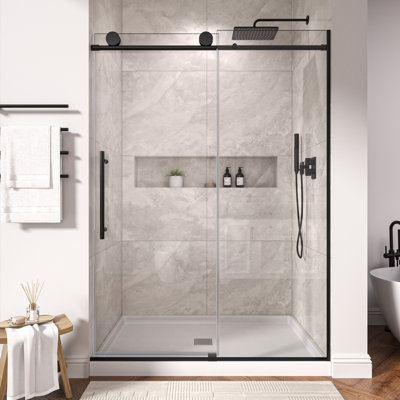 Mortix 60 In. W X 74 In. H Single Sliding Frameless Shower Door In Matt Black With Clear 5/16 In. Glass