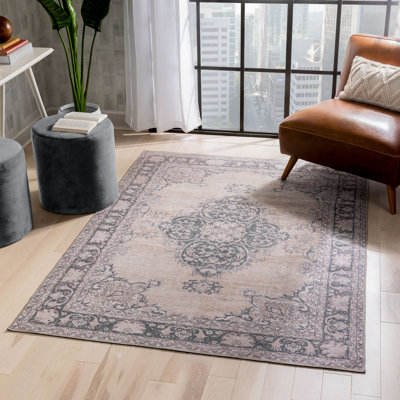 Nile Vintage Machine Washable Flat-Weave Medallion Beige Rug