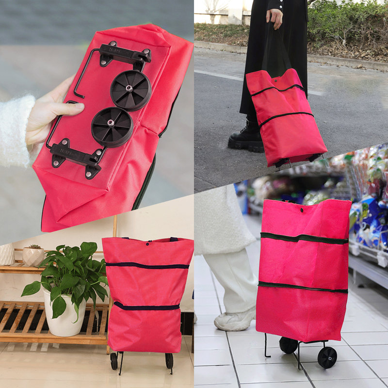 Petit chariot de magasinage pliable, chariots pliables 2 en 1 avec roues, chariot compact portable imperméable, Rouge