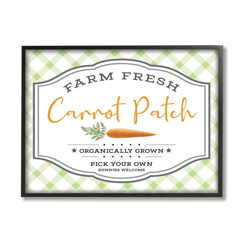 «Farm Fresh Carrot Patch Country Sign Green Plaid», art textuel, H 16 po x l 20 po x 1,5 po, Giclée encadrée noir minuit
