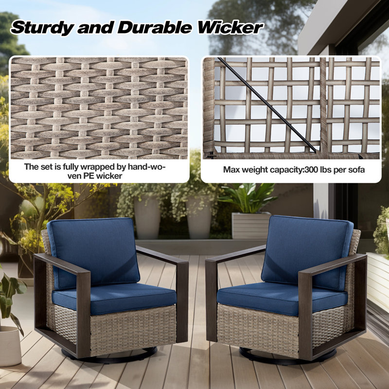 Jerimya Swivel Patio Wicker Outdoor Rocking Club Chair Lounge Chair (Set of 2), Blue