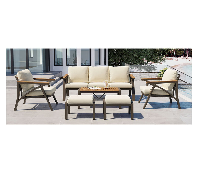 Ensemble de meubles de patio 6 pièces avec table basse en bois d'acacia et canapé à structure en acier, ensemble de conversation coussiné beige crème pour le jardin