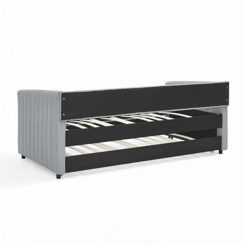 Daybed with Trundle Upholstered Sofa Bed, with Vertical Stripes, Linen Fabric, Gray, Twin