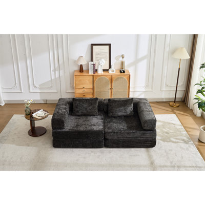 Lit de compression convertible noir à 2 places avec design désossé, chenille et sans assemblage pour cadre de bureau à structure fixe, petit appartement