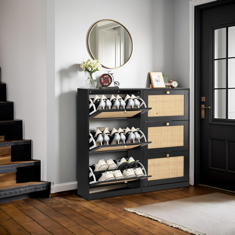 3-Tier Shoe Cabinet With Natural Rattan Flip Drawers, Free-Standing Slim Shoe Storage Organizer With Adjustable Width Drawers And Large Top Board