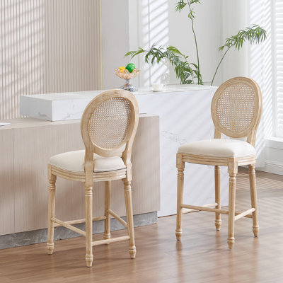 Solid Wood Bar stools Set of 2 Classic French Country Wooden Barstools with Upholstered Seating  Kitchen Bar Stool for Bar Counter Rattan - Beige